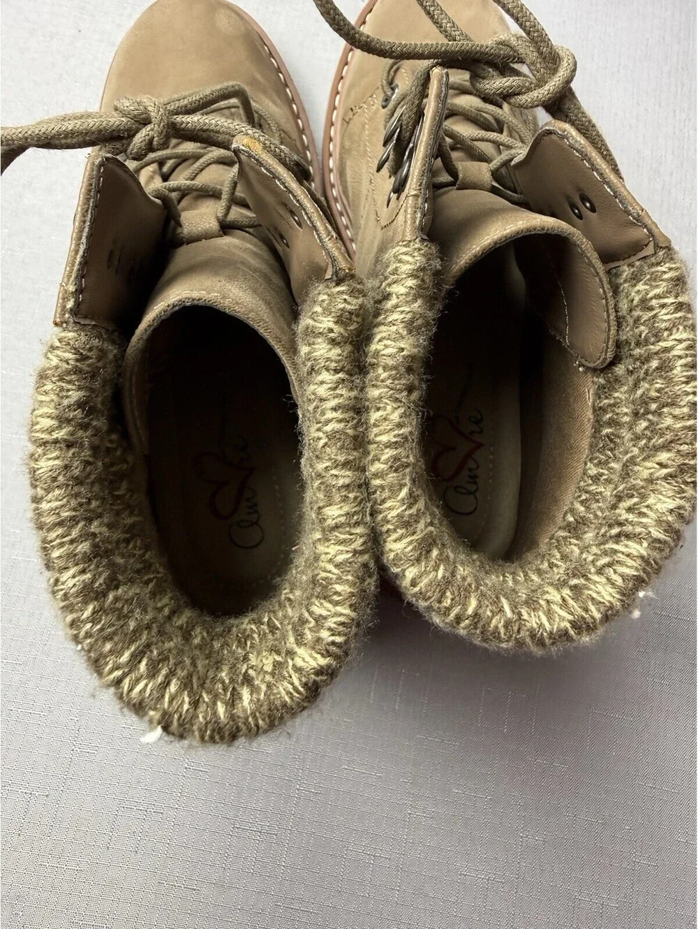 MIA Amore Women’s Size 9 M Tan Lace Up Ankle Boots Knit Cuff Lug Sole